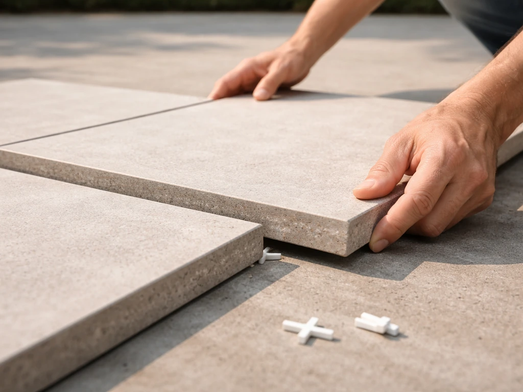 Hands dry-fitting a matte porcelain patio tile on a minimal outdoor work surface for close inspection.