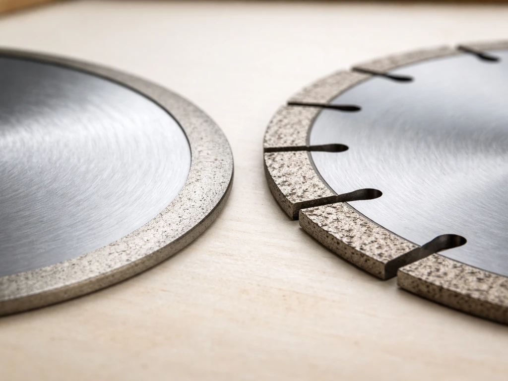 Side-by-side close-up of a smooth-rim porcelain diamond blade and a segmented diamond blade on a workbench.