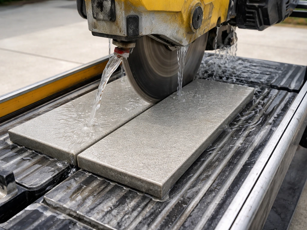 Wet tile saw making a straight cut on a patio tile with water running and tile aligned to the fence.