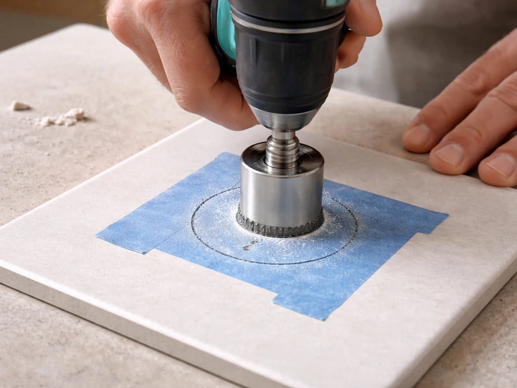 Close-up of hands drilling a circular hole in a tile with a diamond hole saw over taped center mark.