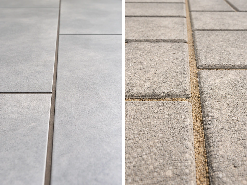 Split close-up: narrow grout joints for tile vs wider polymeric-sand joints for pavers.