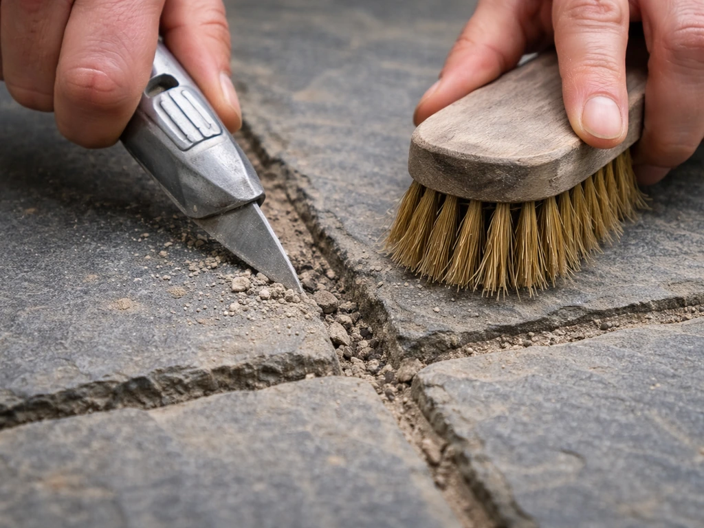 Close-up of a utility knife and stiff brush clearing old grout from slate patio joints.