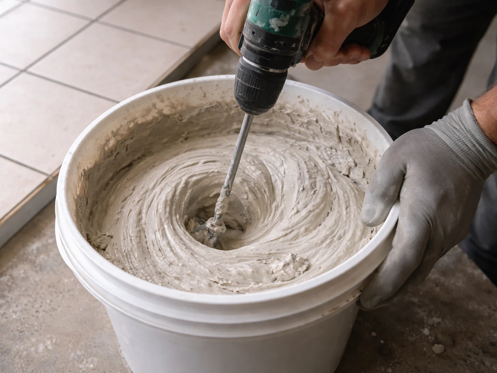 Close-up of hands mixing grout in a bucket with a drill mixer paddle, thick creamy consistency
