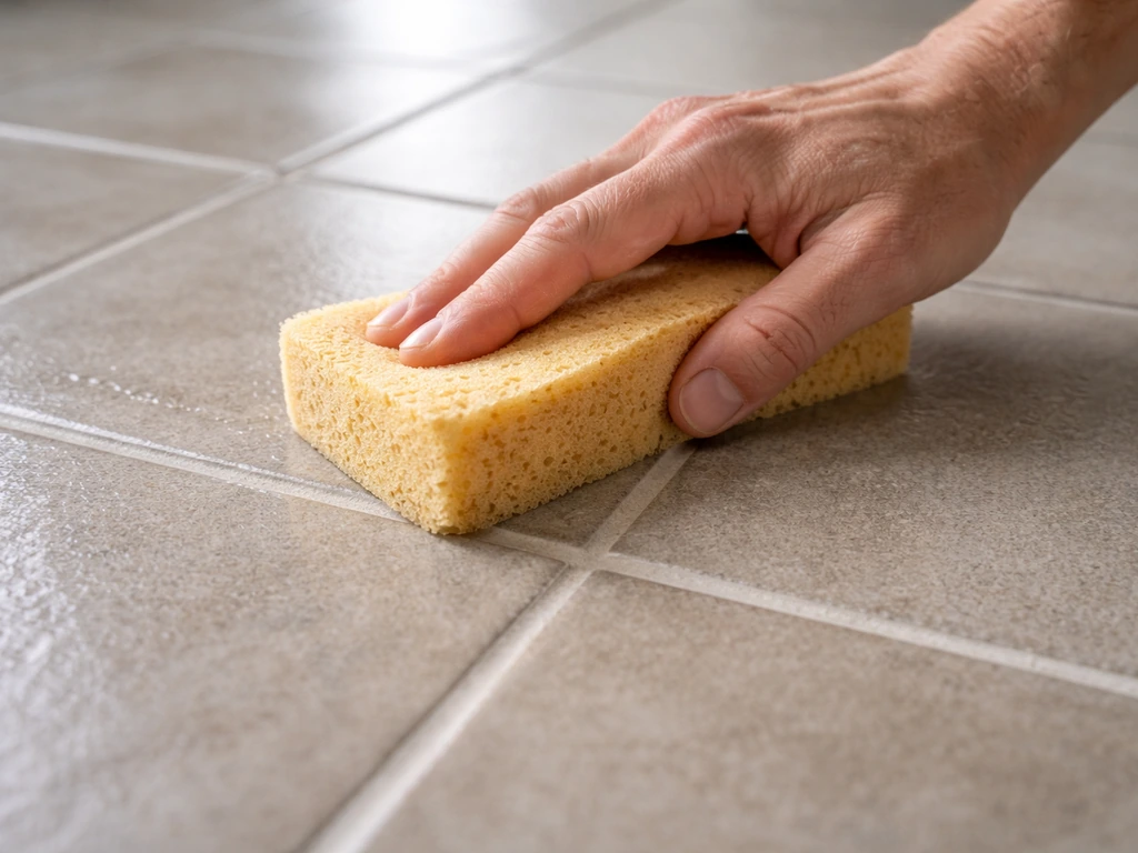 Hand wringing a nearly-dry sponge wiping a freshly grouted tile floor during the first clean.
