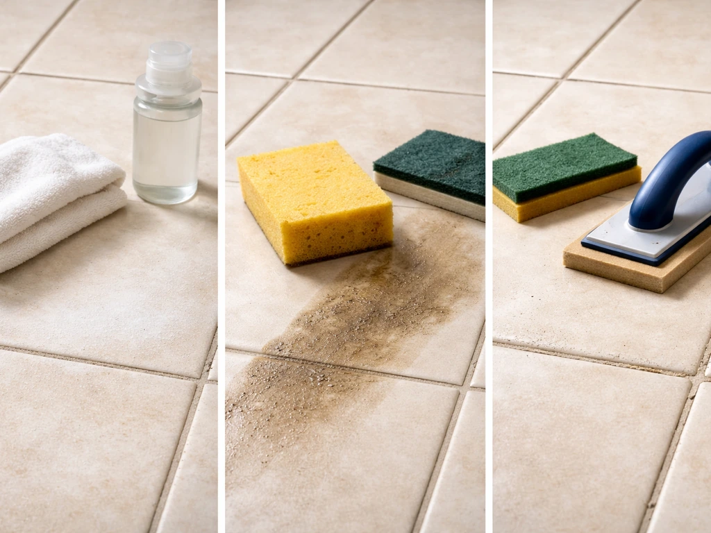 Three close-ups of tile grout issues with tools: haze remover, scrub pad, and sponge.