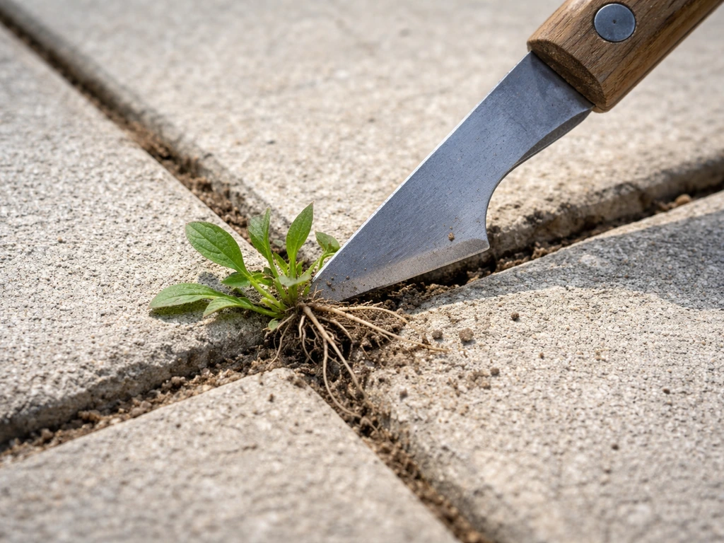 Close-up of a paving knife lifting weed roots from between dry patio slabs