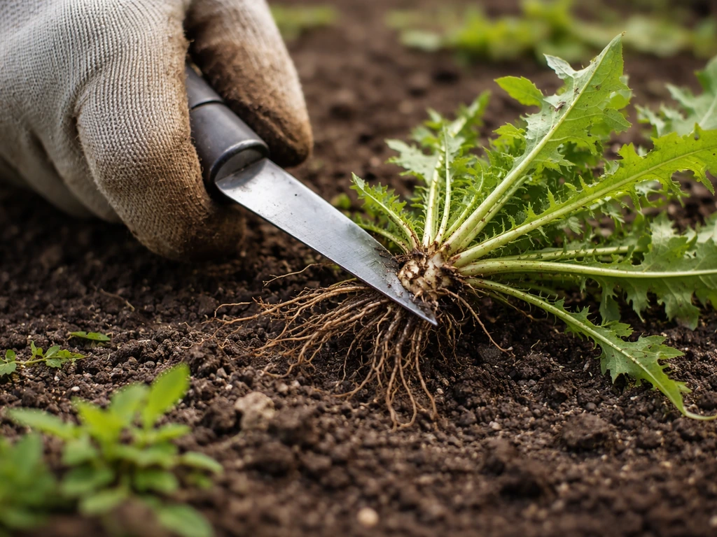 Gloved hands use a weeding knife at an angle to lever a root crown out of dark soil.
