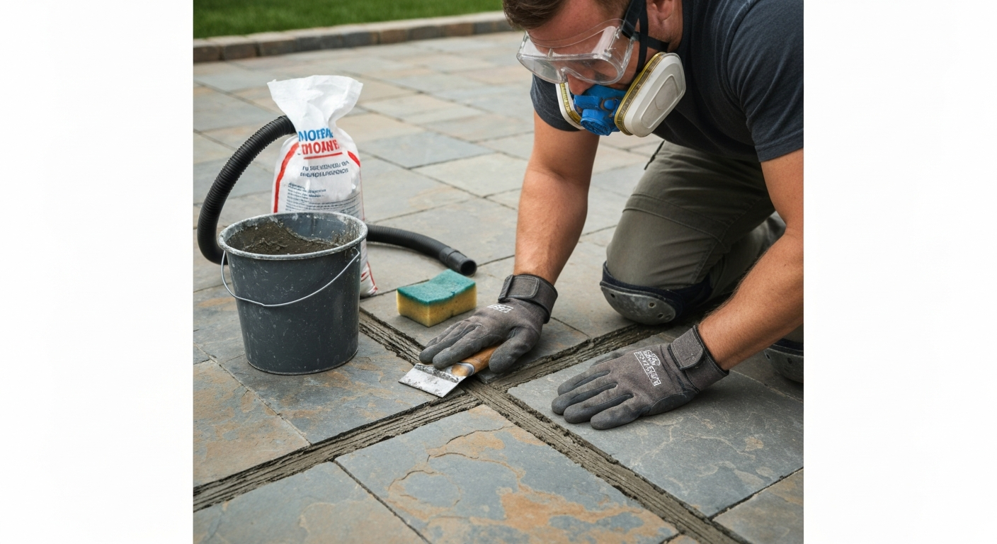 Person wearing PPE packing fresh grout into slate patio joints with a pointing trowel.