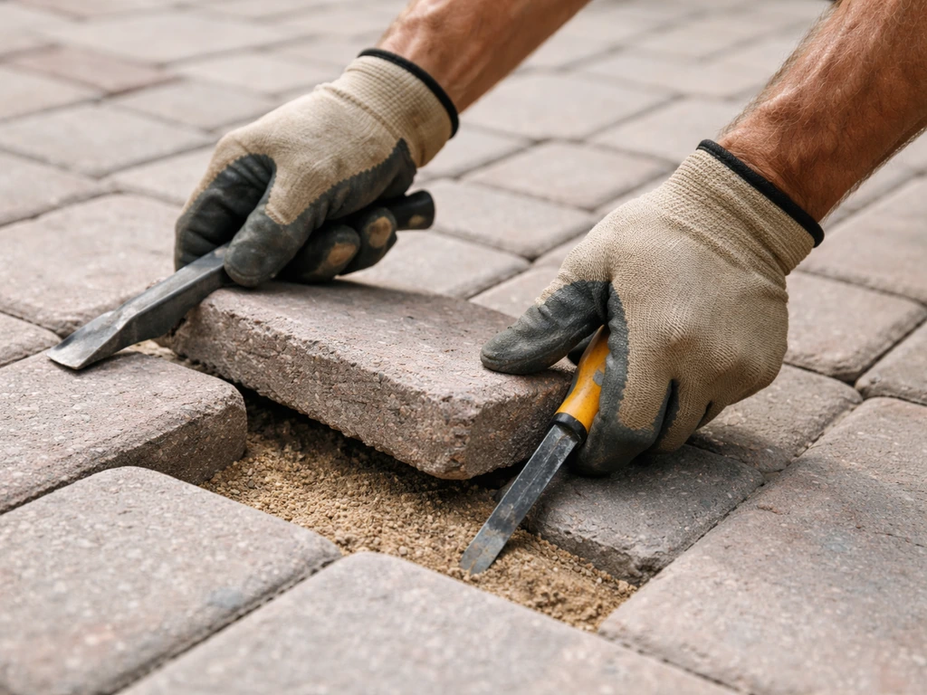 Gloved hands pry up a loose paver brick, revealing the exposed sand bedding bed underneath.