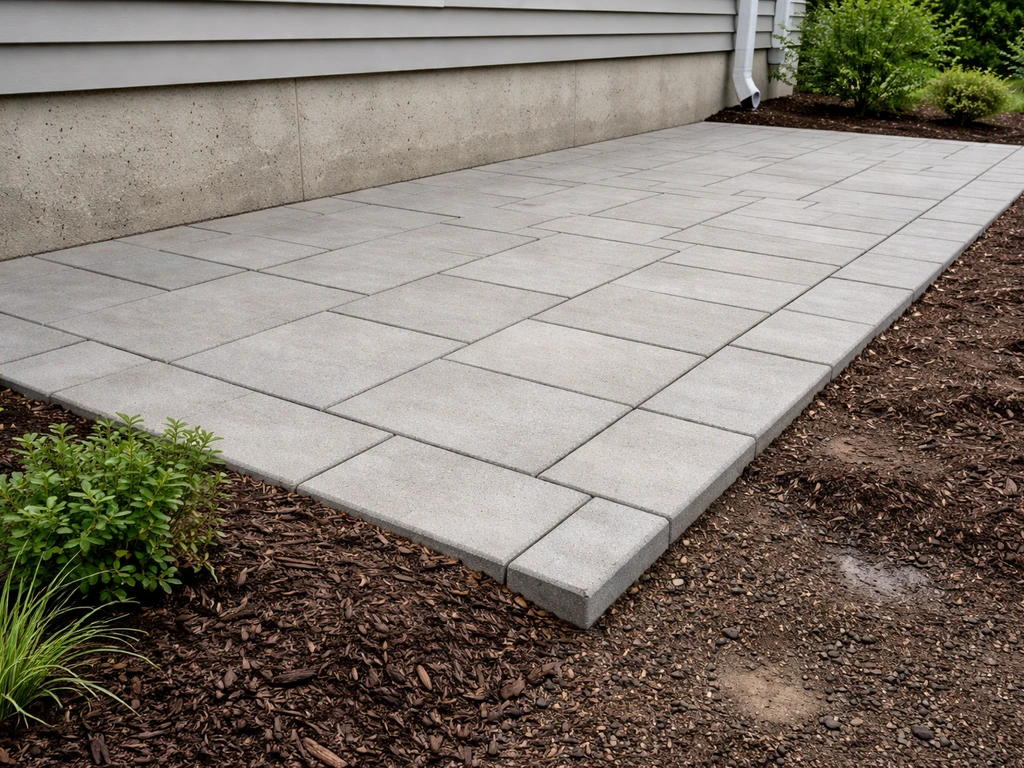 Patio near a house foundation with a clear slope away from the building for proper drainage.
