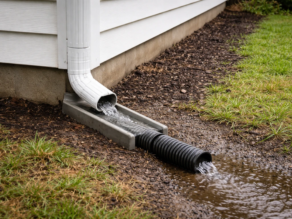 Downspout discharging onto sloped ground away from a house foundation with a visible splash block.