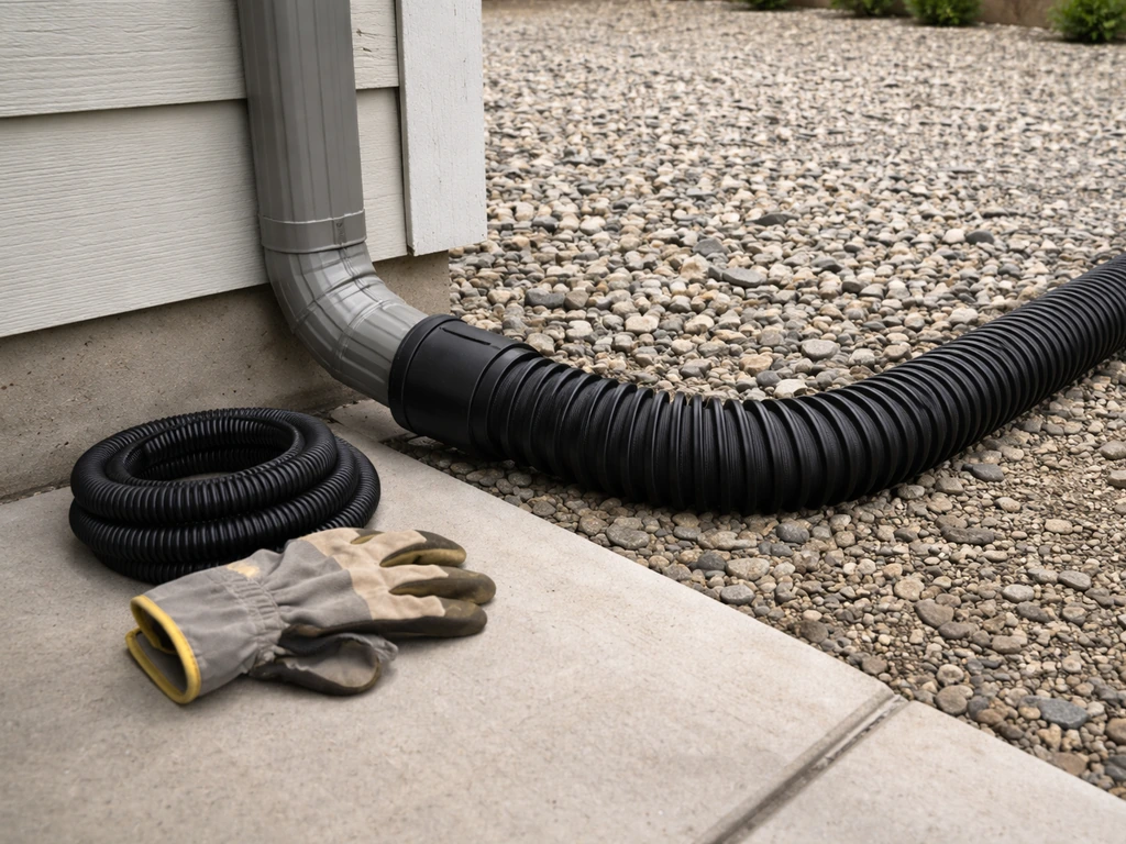 Close view of a downspout with an extension guiding runoff away from the patio.