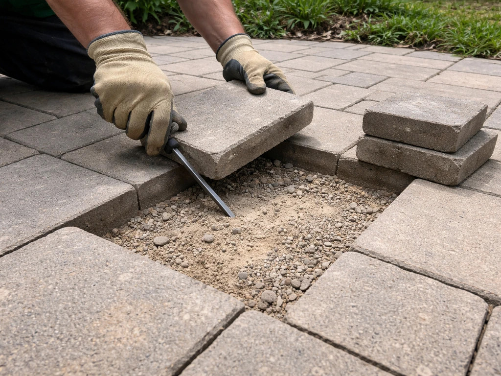 Worker lifting a sunken patio paver, revealing washed-out gravel base and resetting level pavers nearby.