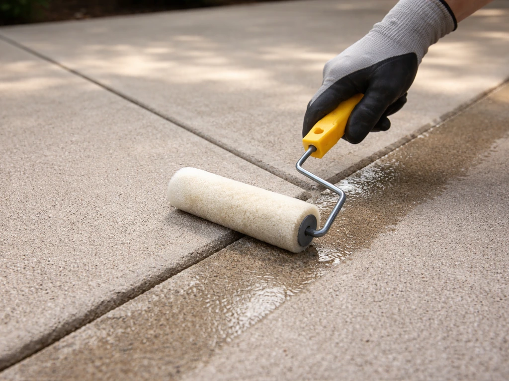 Close-up of a roller applying concrete sealer along a patio slab edge after cleaning