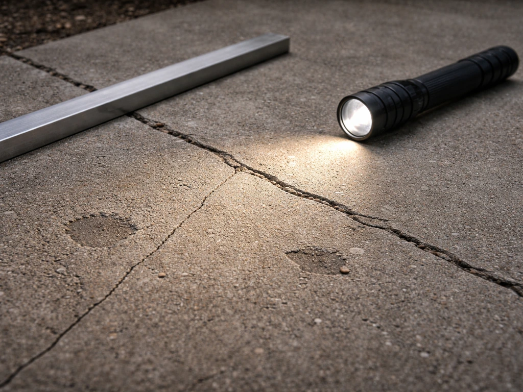 Close-up of a patio slab inspection using a flashlight and straight edge over hairline cracks and patched spots.