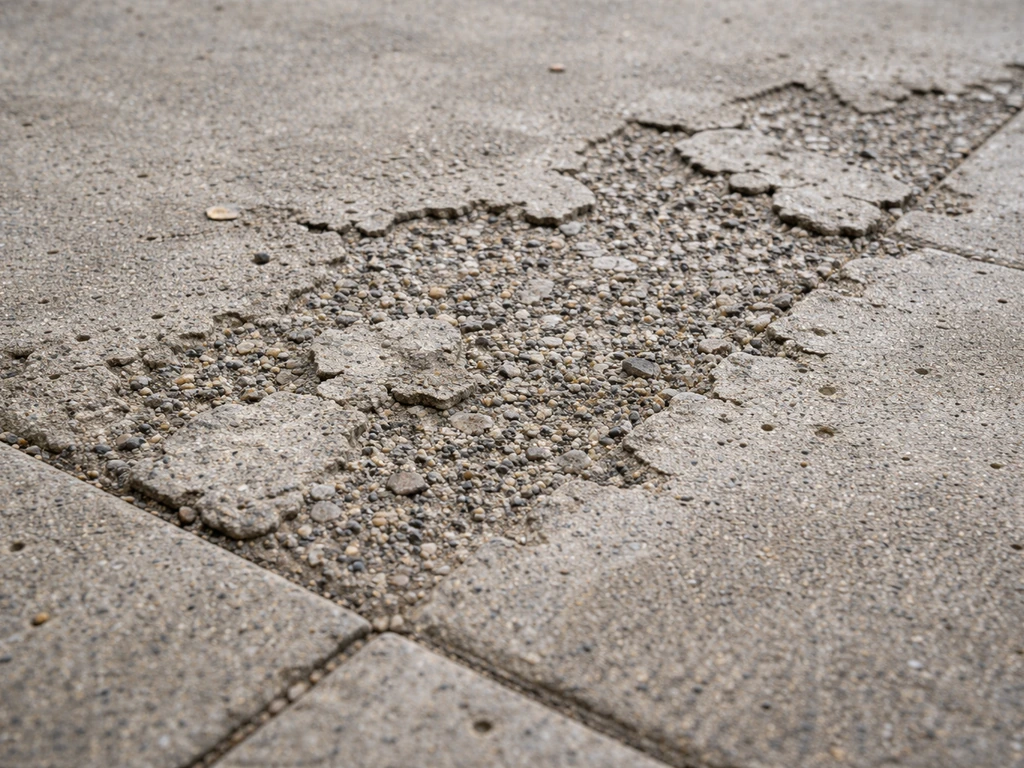 Close-up of a patio concrete slab with spalling and pitting, showing rough exposed aggregate.