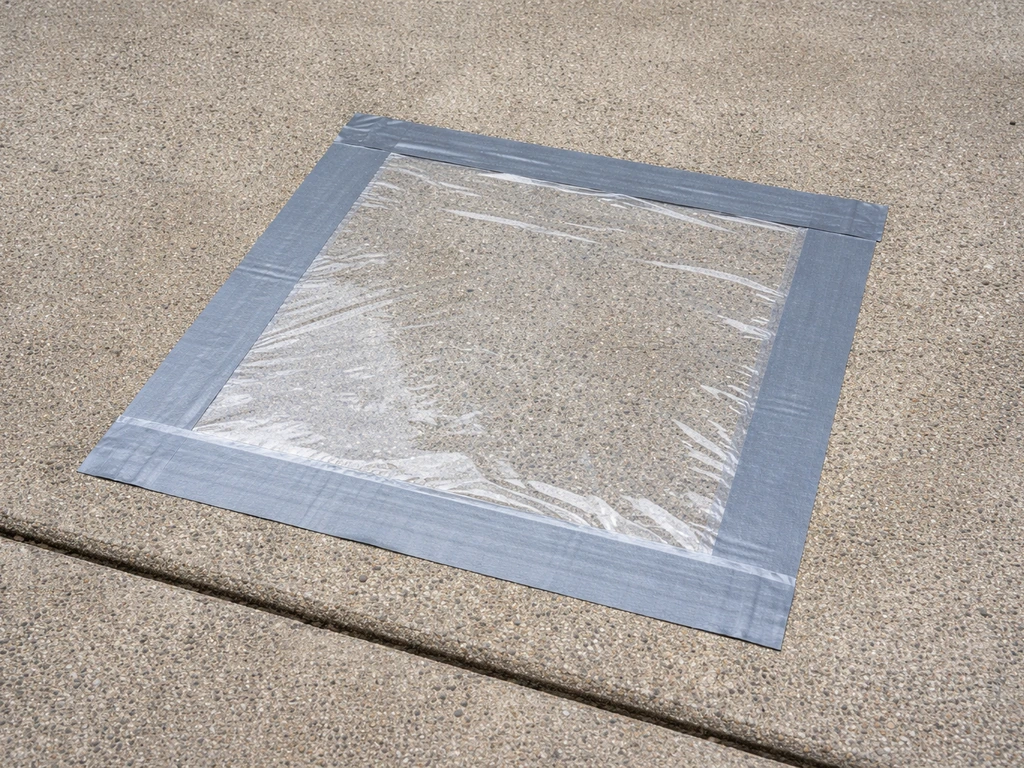 Clear plastic sheet taped to concrete patio with duct tape edges, left for a moisture test.