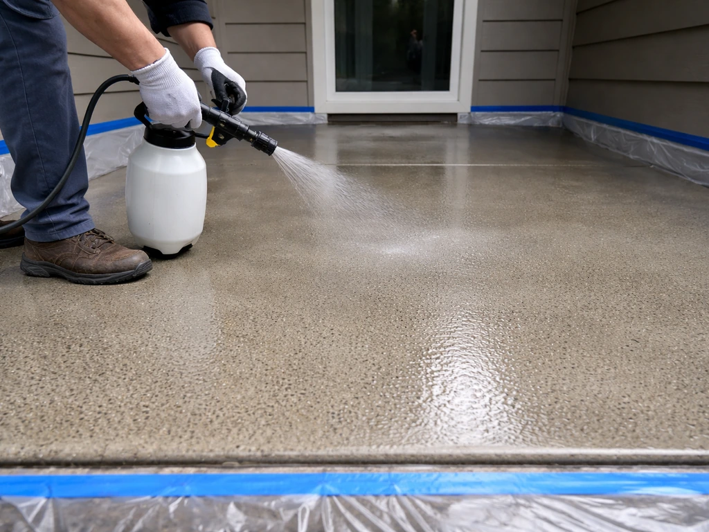 Gloved hands pump-spraying concrete patio sealer with tape protecting the edges near a doorway.
