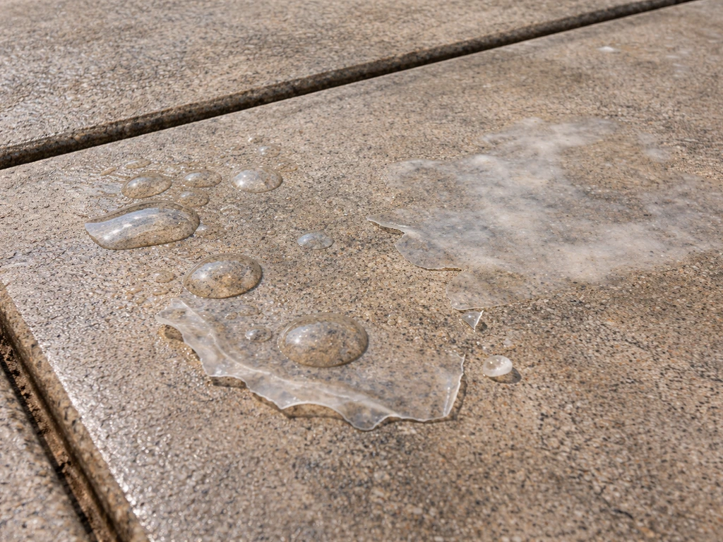 Close-up of peeling, bubbling patio sealer with nearby cloudy white haze patches on concrete.