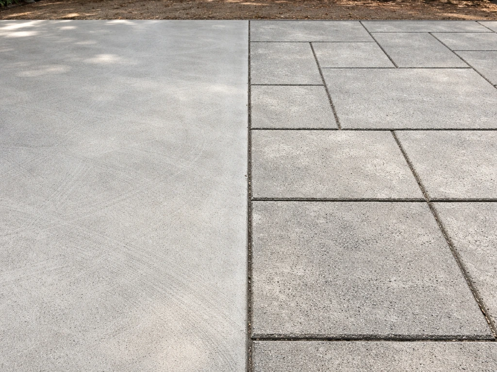 Side-by-side close-up of a poured concrete slab and cement pavers showing distinct surface textures.