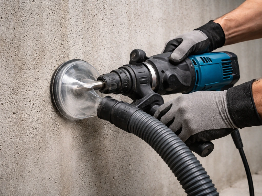 Worker drilling with a HEPA dust shroud and vacuum capturing concrete dust at the bit.