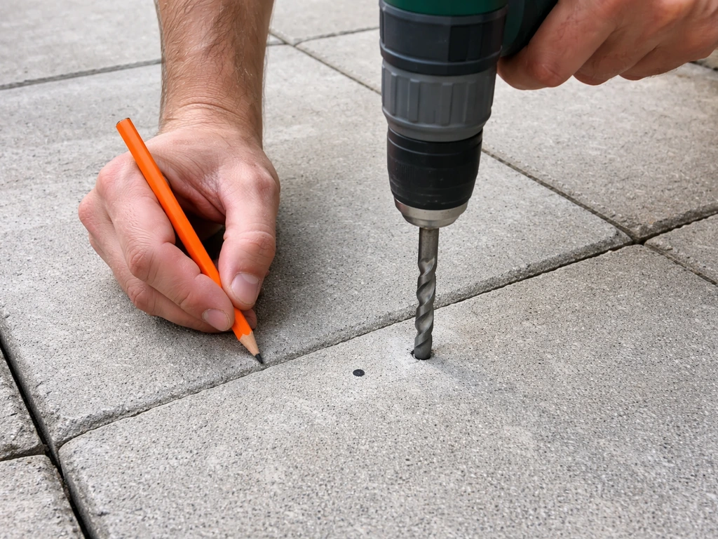 Hands marking and drilling a hole on a poured concrete slab, with safe distance from edges and joints