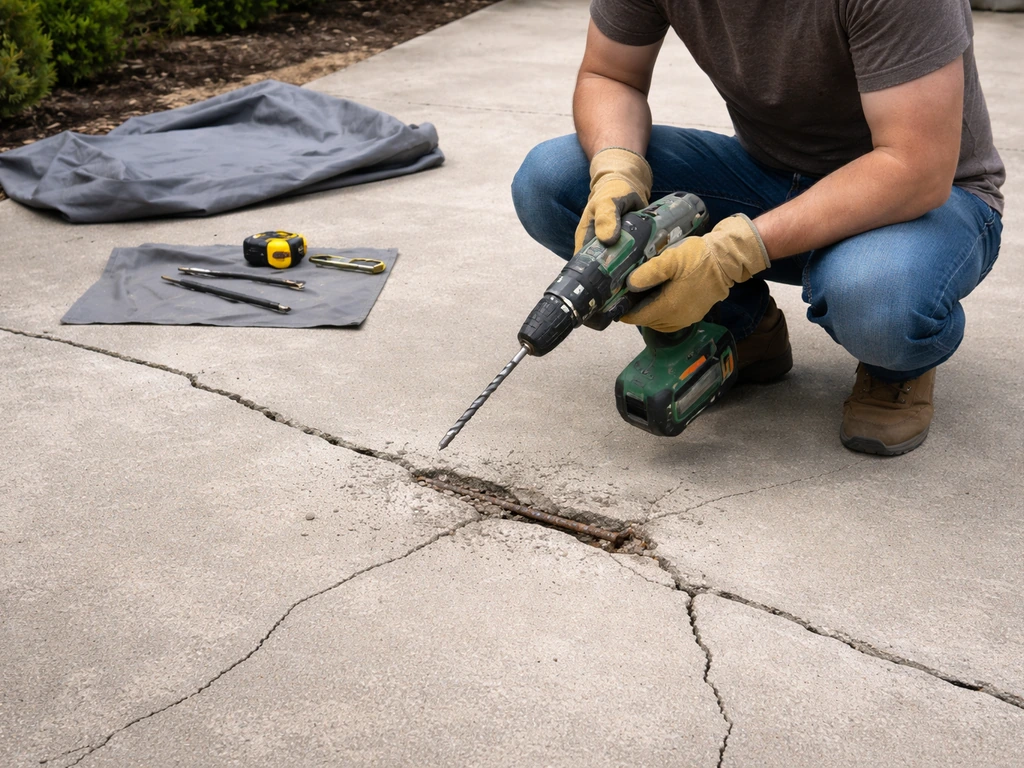 Paused drilling at a cracked patio slab with rebar visible, tools on the ground, outdoors.