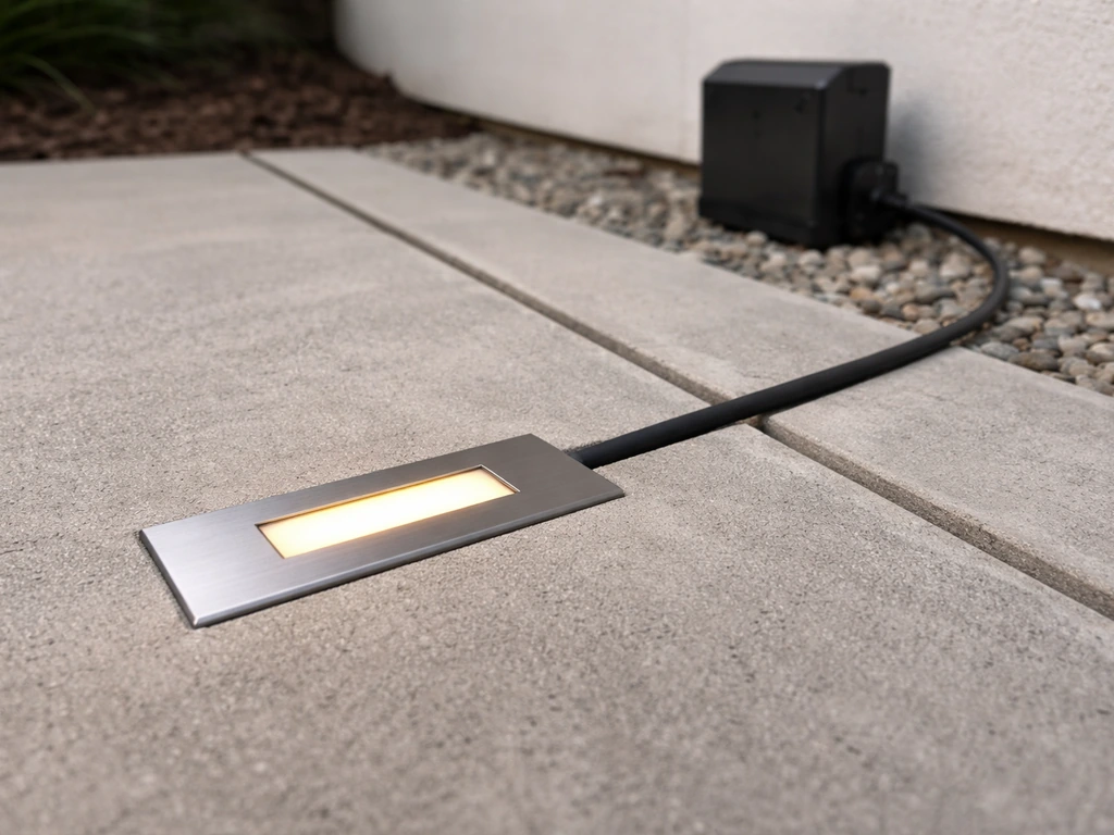 Low-voltage LED flush in concrete patio slab with cable path leading to weatherproof outdoor transformer.
