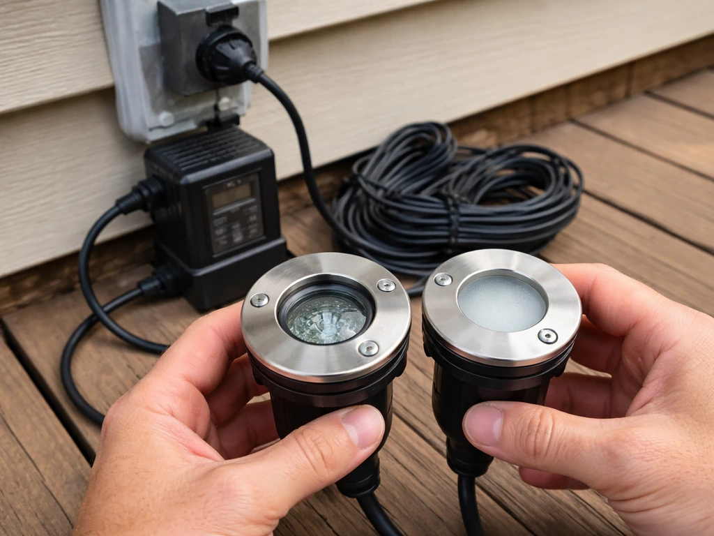 Hands inspecting wet-rated 12V LED in-ground fixtures and a transformer plugged into an outdoor outlet.