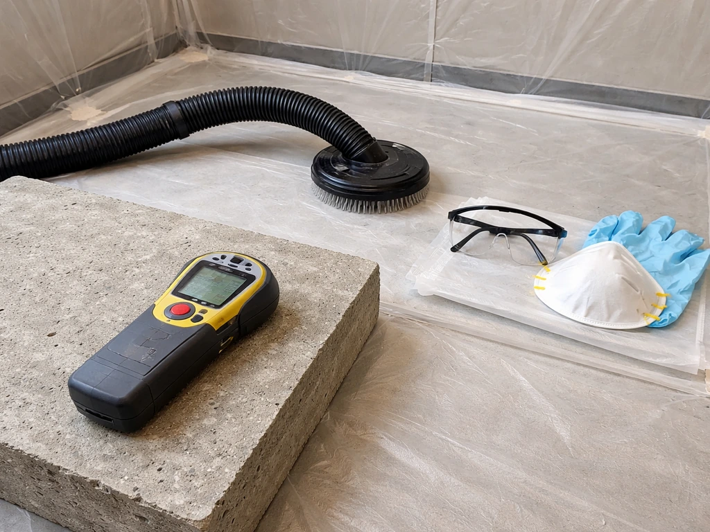 Concrete slab prep scene with rebar/covemeter scanner, PPE, and protected work area before drilling