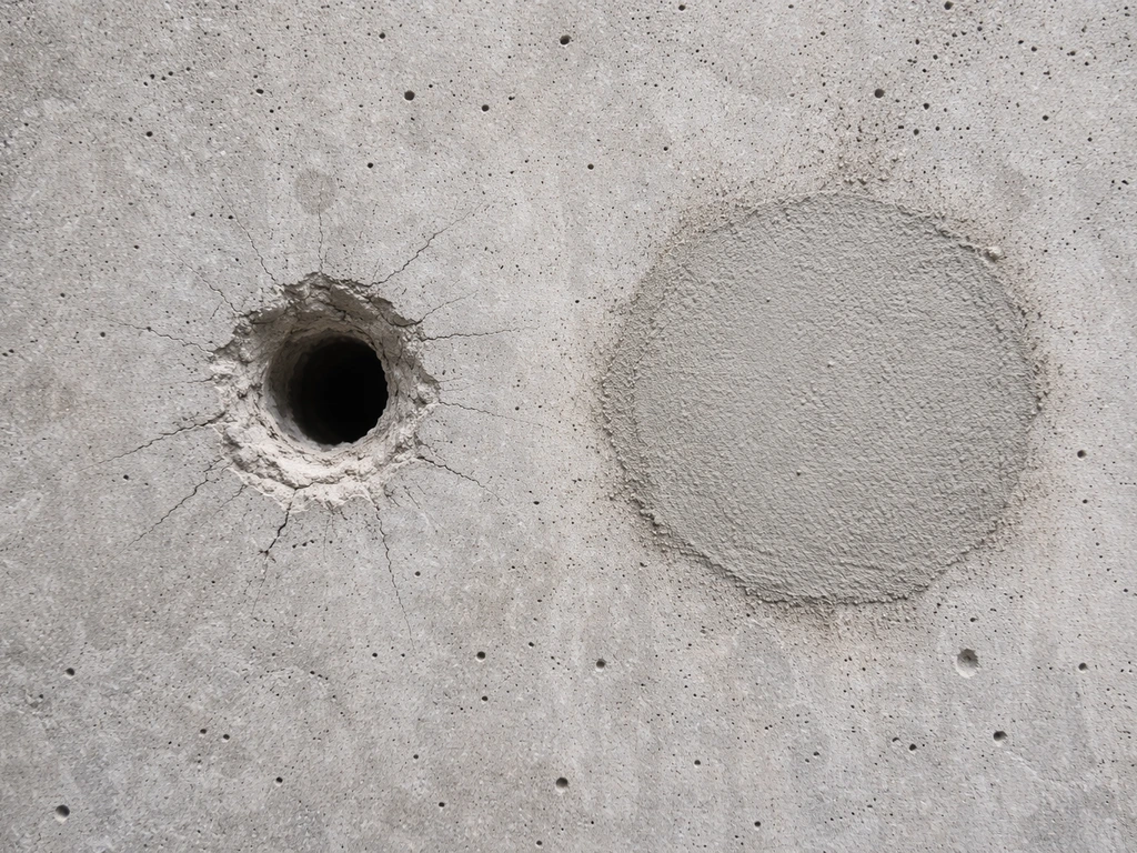 Close-up of drilled concrete showing chipped edges around a hole next to a patched, repaired section.