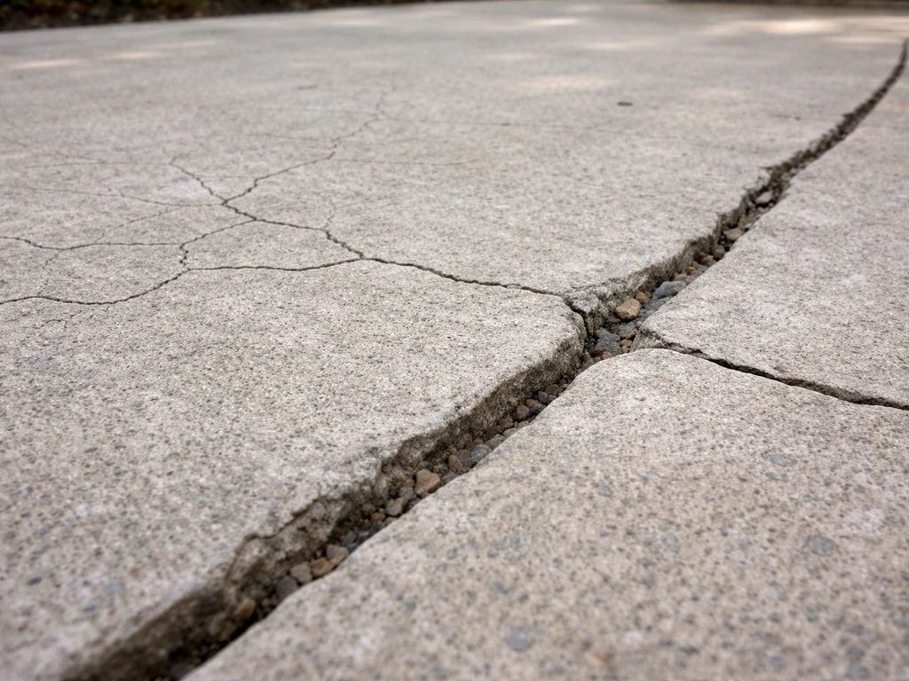 Close-up of a patio slab showing two crack types: hairline shrinkage and a wider separation gap.