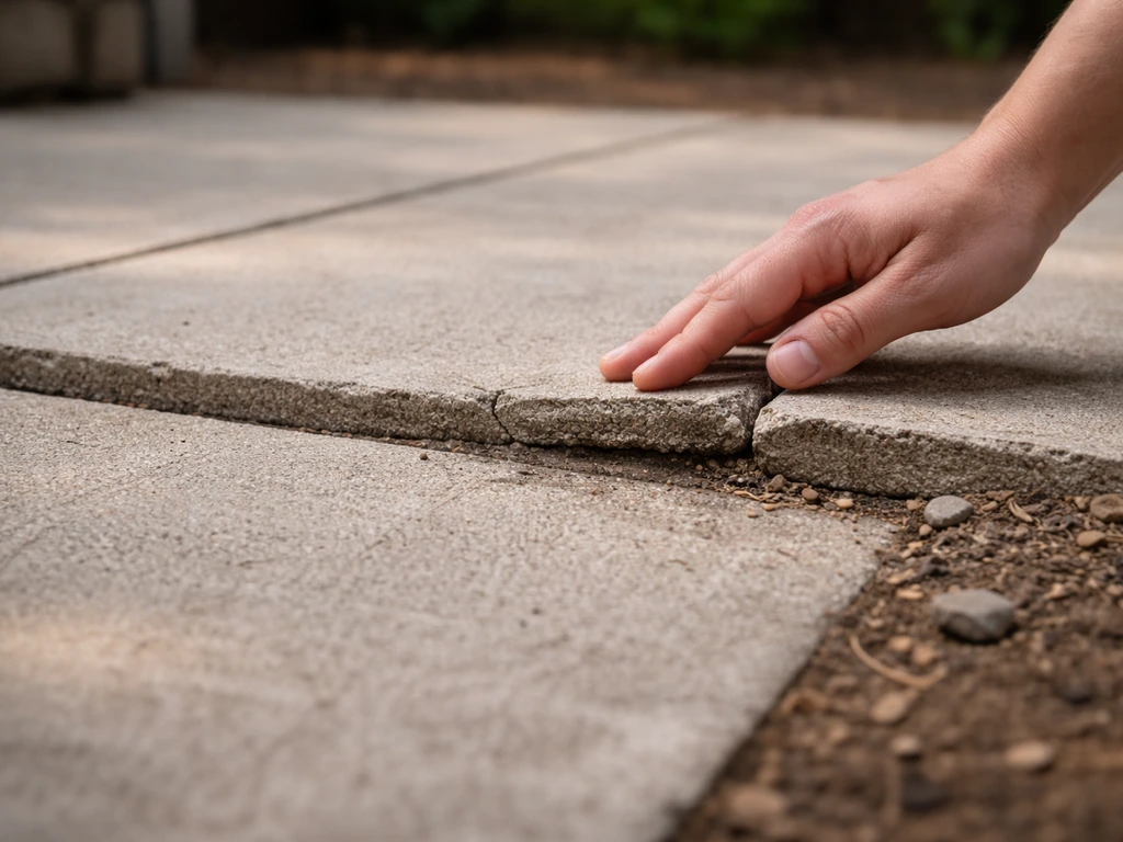 Close-up of an uneven patio slab showing a sunken section compared with level surrounding concrete.