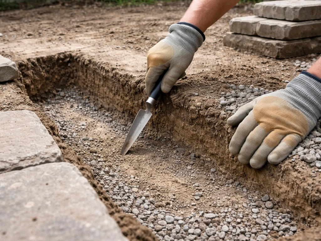 Gloved hands inspecting an excavated patio sub-base for loose or eroded material and refilling-ready soil.