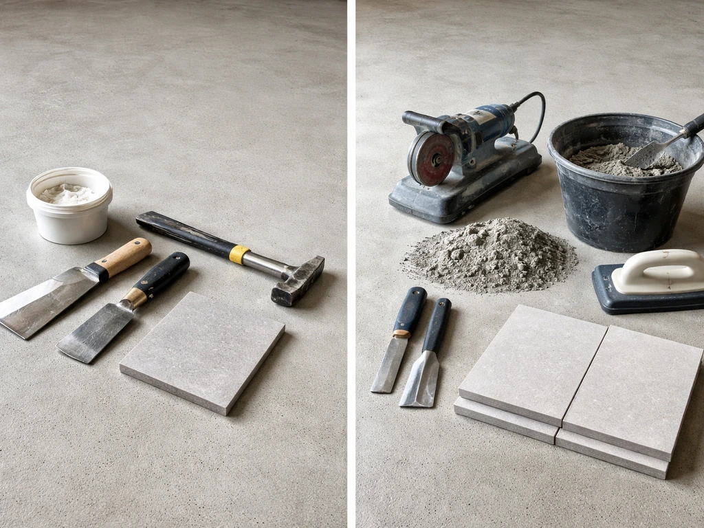 Two adjacent workbenches showing tools and materials for spot patching vs re-laying flooring