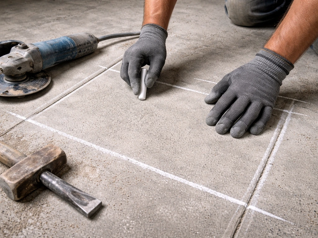 Gloved hands outline chalk marks on a concrete slab with visible saw cuts and tools nearby.