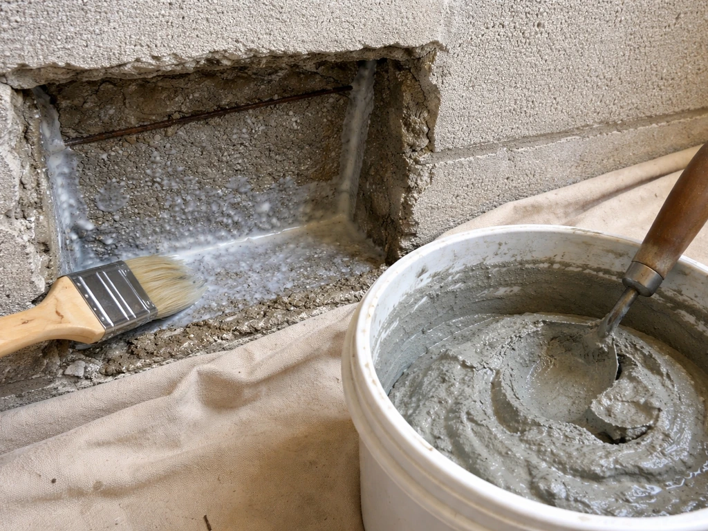 Wet bonding agent brushed into a concrete repair cavity, with gray mortar being mixed in a bucket nearby.