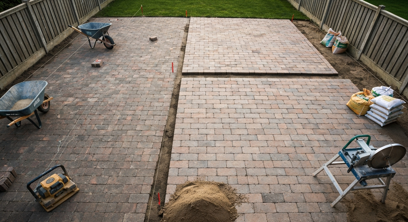 Overhead view of a backyard brick patio extension in progress showing existing and new pavers, tools, and string lines.