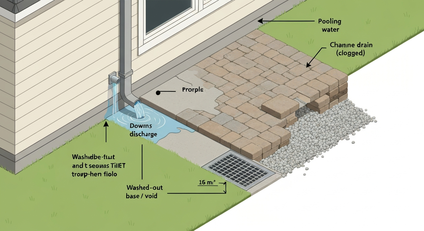 Isometric technical illustration of a sunken patio with pooling water by the house, downspout discharging onto patio, clogged channel drain, and lifted pavers exposing a washed-out gravel base; labeled callouts for each issue.