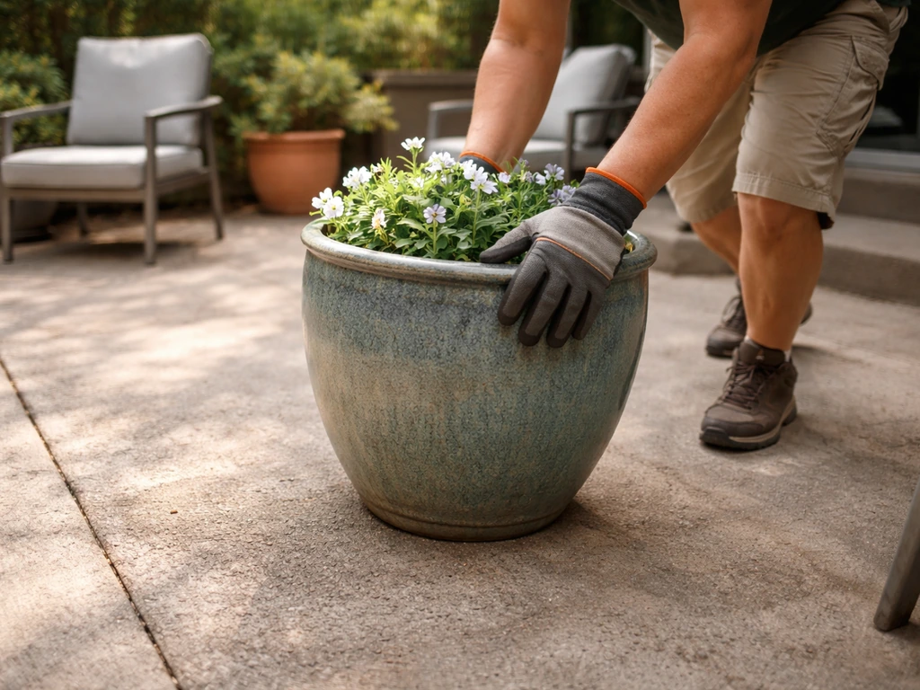 Gloved hands moving a patio planter aside to expose the full concrete surface for safe prep.