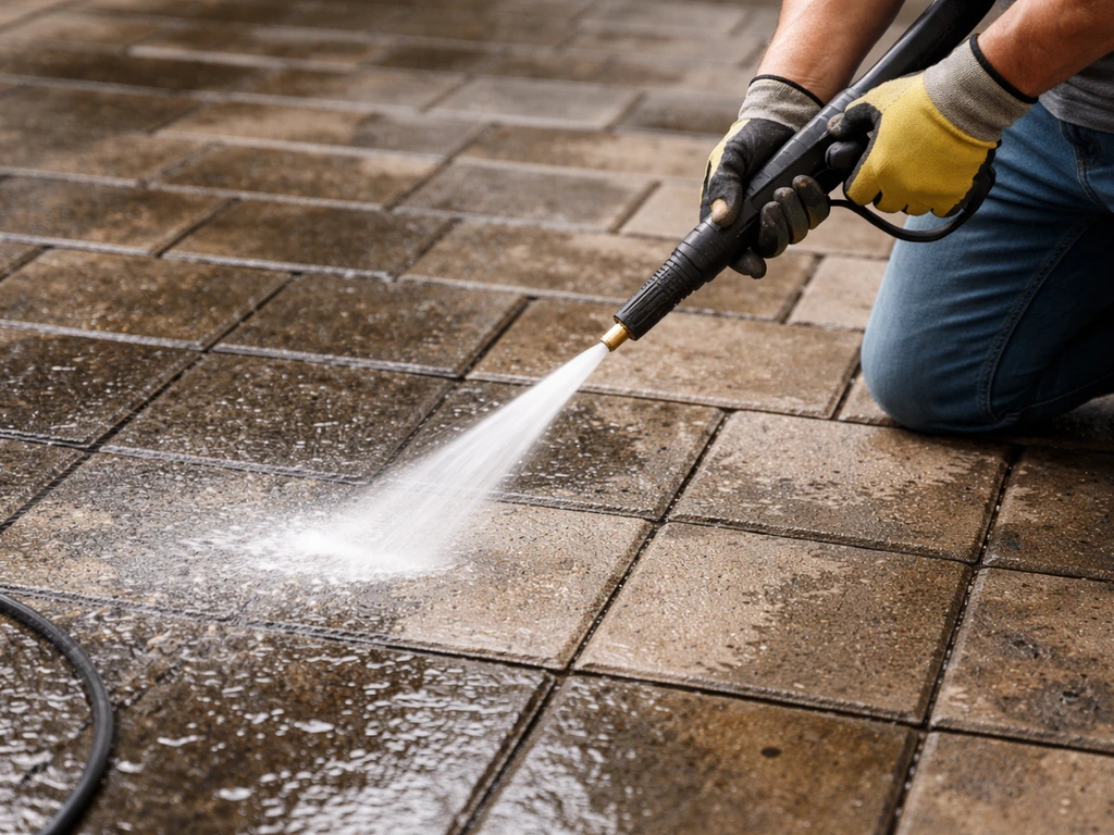Close-up of angled pressure washer cleaning patio pavers with visible water runoff between stones.