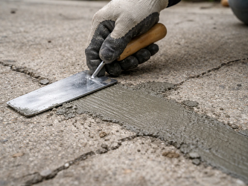 Worker troweling polymer-modified concrete patch into shallow spalled cracks on a garage floor