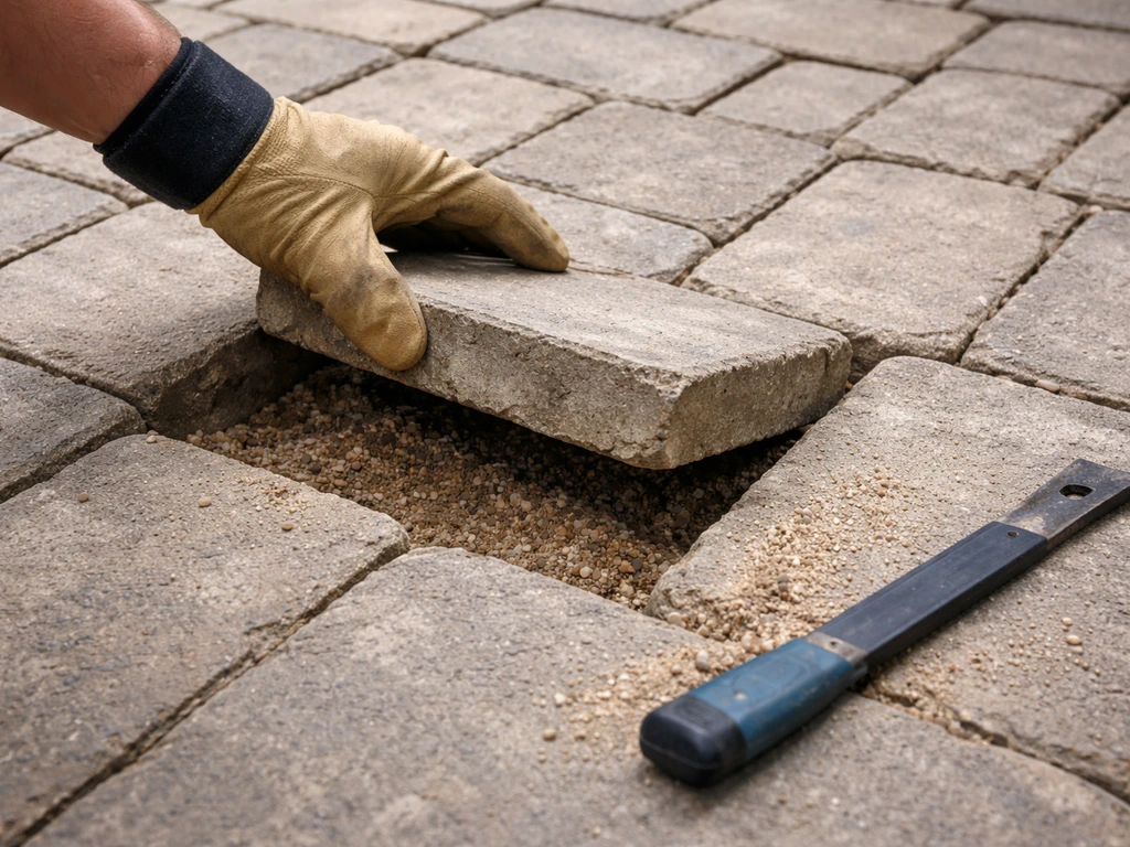 Handlifting a sunken paver to inspect uneven sand bedding in a small outdoor patio area.