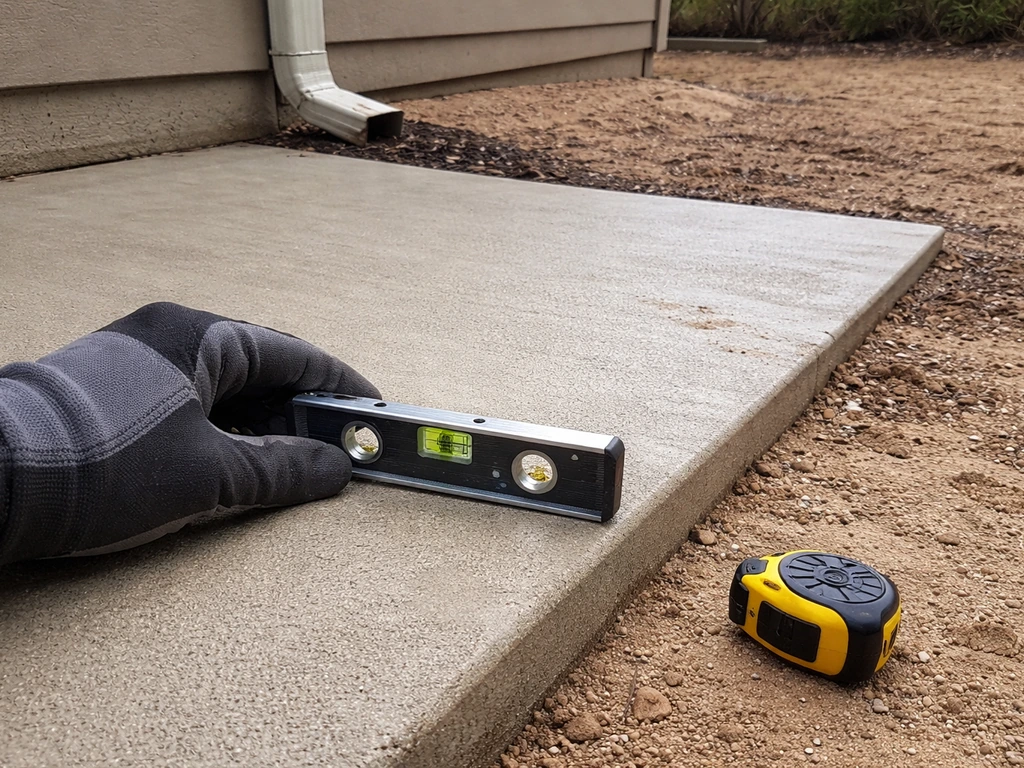 Gloved hand checks patio slope on concrete near a house edge to prevent standing water.