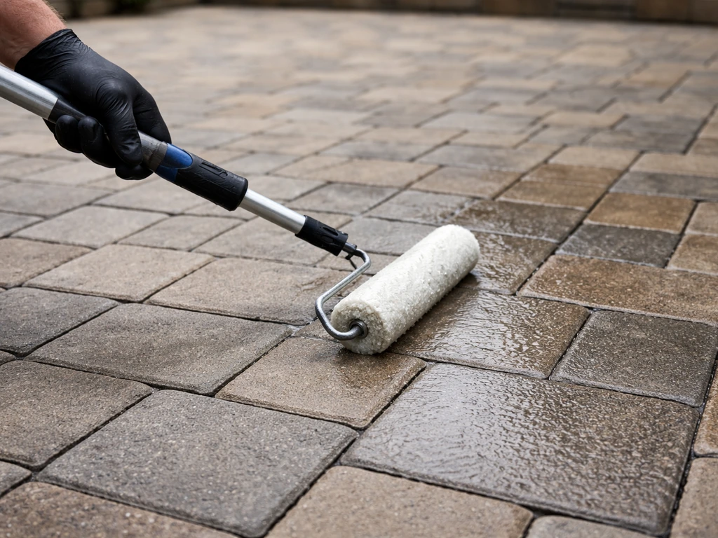 Anonymous gloved worker rolls penetrating sealer onto a clean restored patio, leaving a subtle wet sheen.