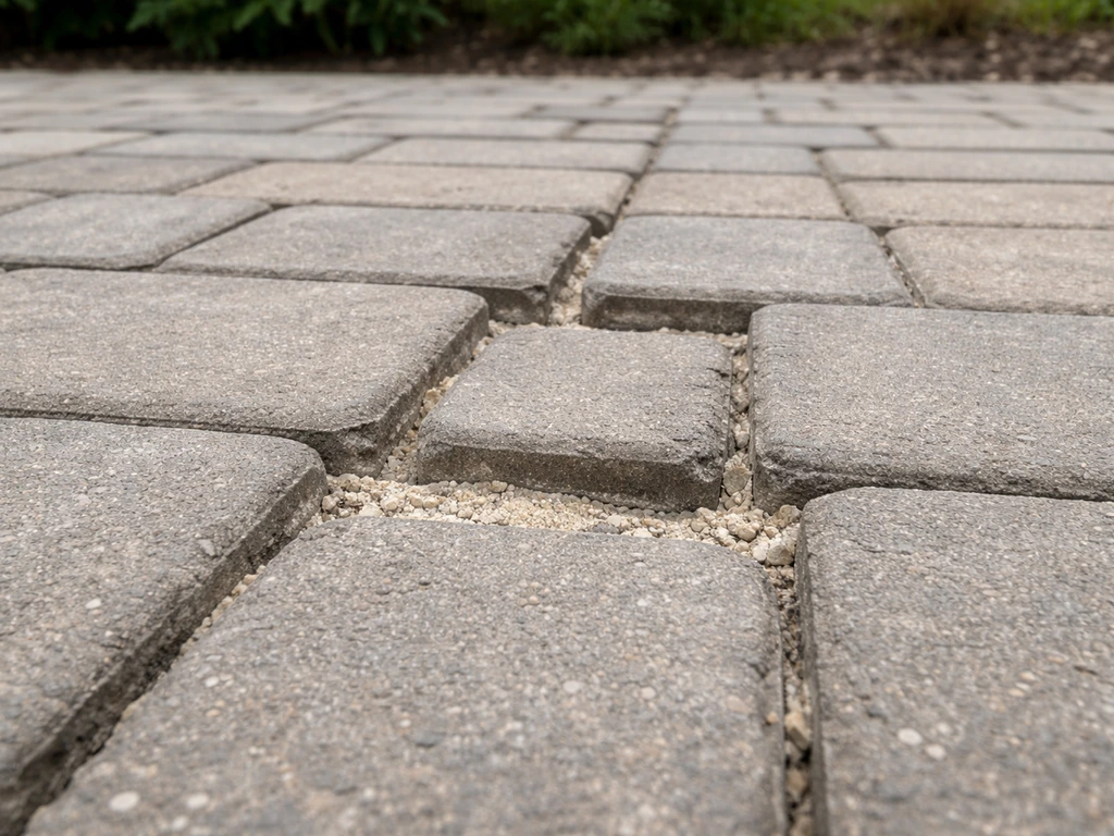 Close-up of block paving with widened, failed joints between concrete pavers.