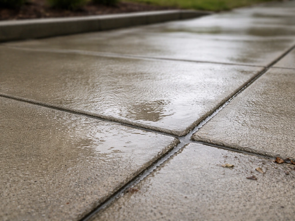 Patio surface with visible water pooling and runoff along concrete joints, showing drainage problems.