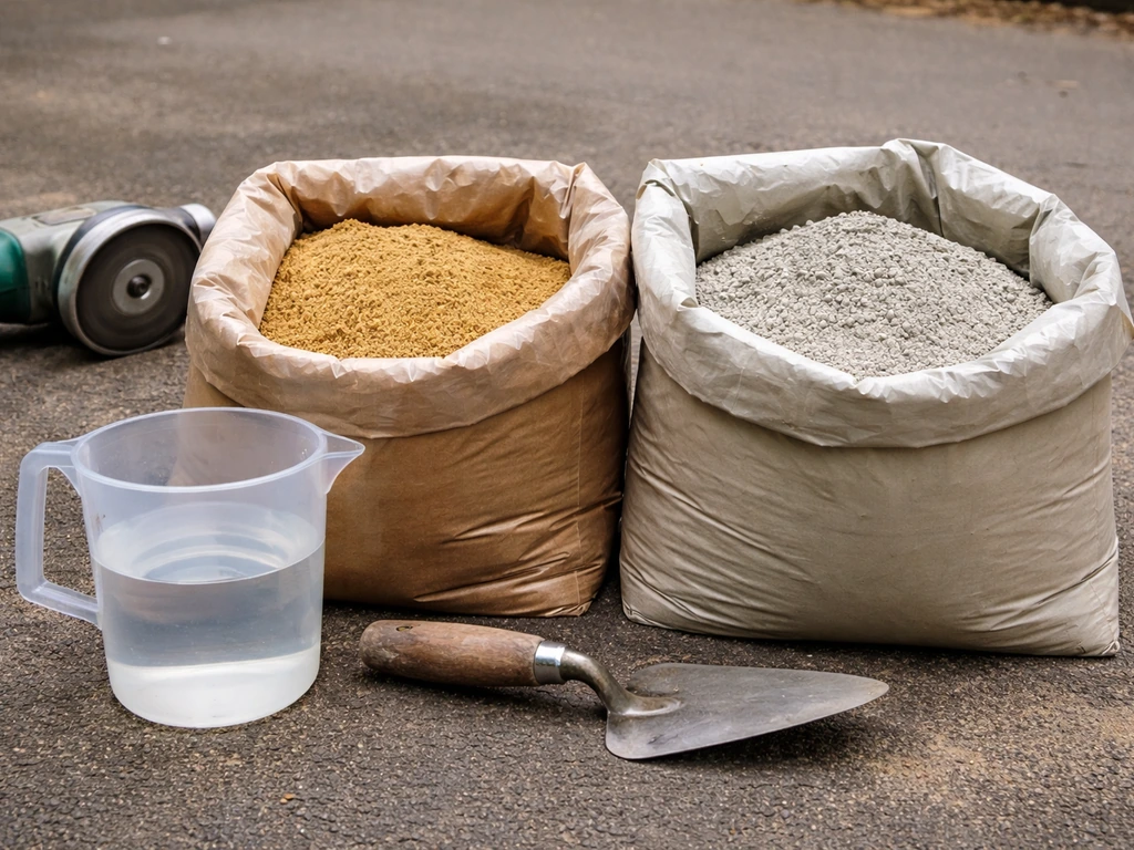Sharp sand and Portland cement beside a measuring jug and trowel on a patio, shown neatly laid out.