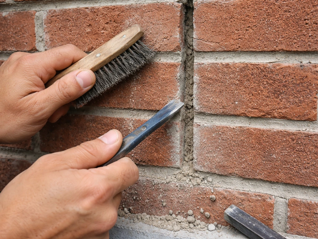 Mason chisel and wire brush cleaning an exterior brick joint to proper depth