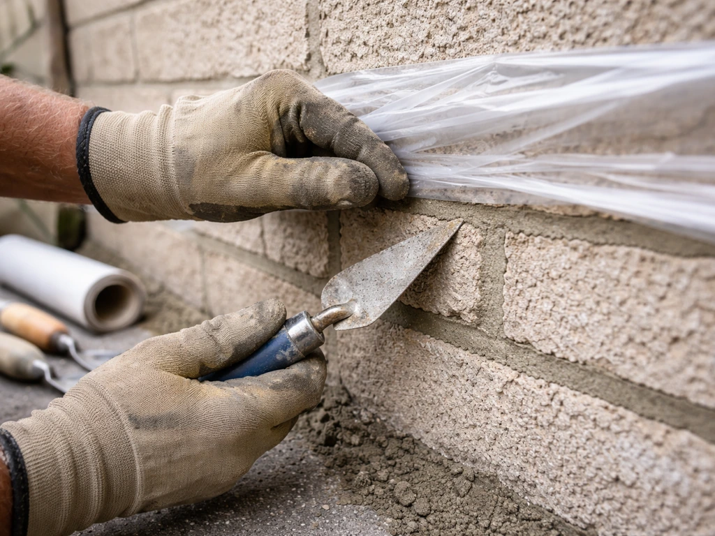 Gloved hands finishing fresh sand-and-cement mortar joints, with plastic sheeting covering them to cure.